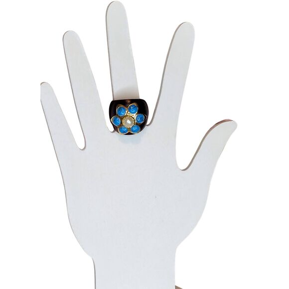 Vintage Mahogany Hardwood Wooden Shank Genuine Pearl, Faux Turquoise 80's Ring - Picture 2 of 9